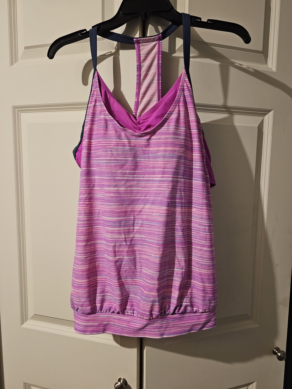 Free Country Pink Striped Racerback Tank with Navy Straps